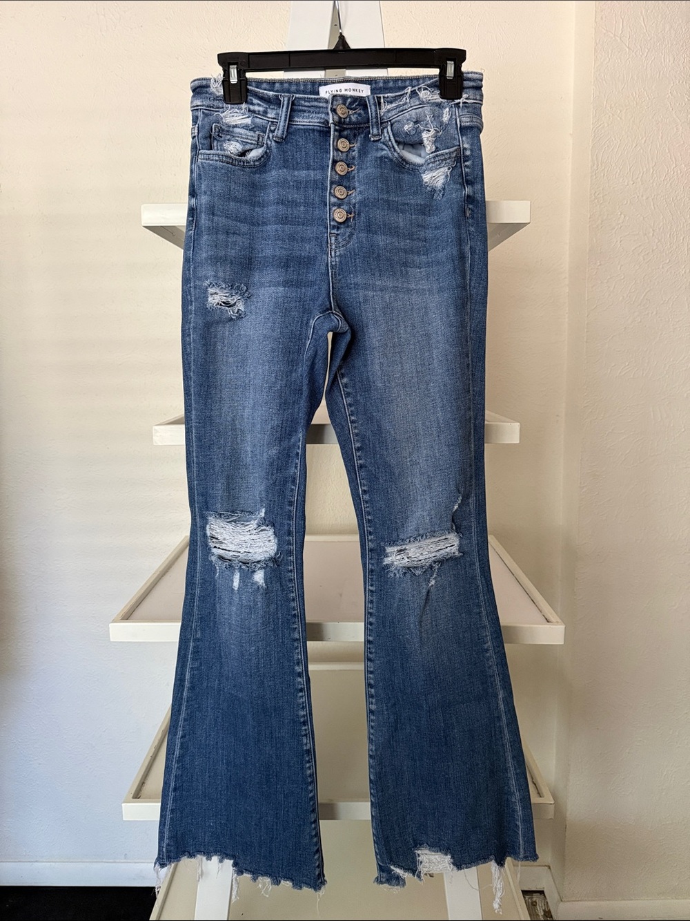 Flying Monkey Distressed Button-Fly Flare Jeans - Blue 28